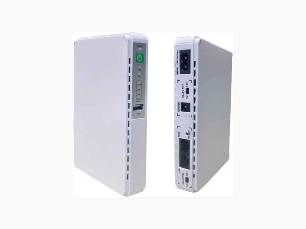 Representative Mini DC UPS router power bank on a neutral background