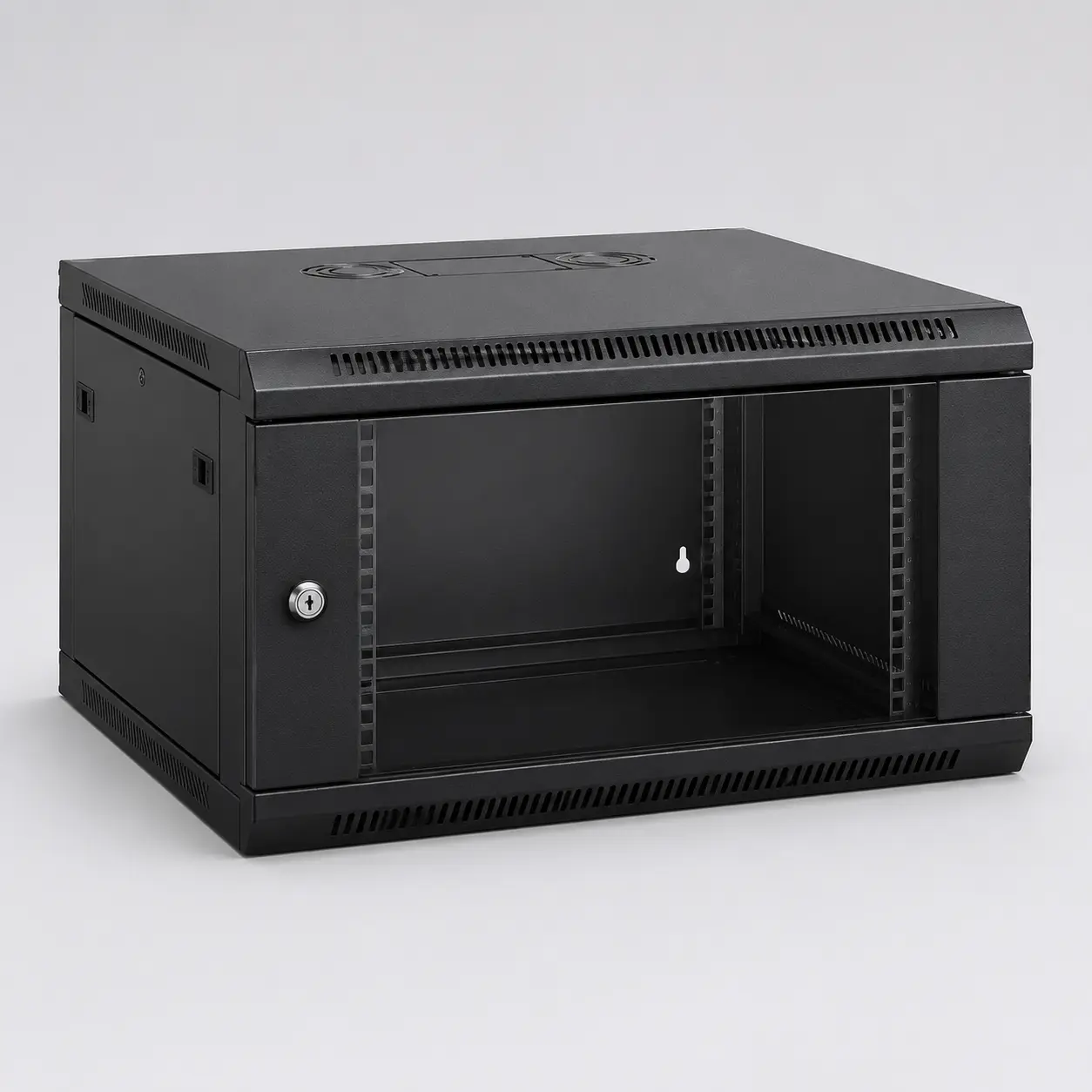 Brand-neutral 4U wall-mount network rack cabinet on a studio background