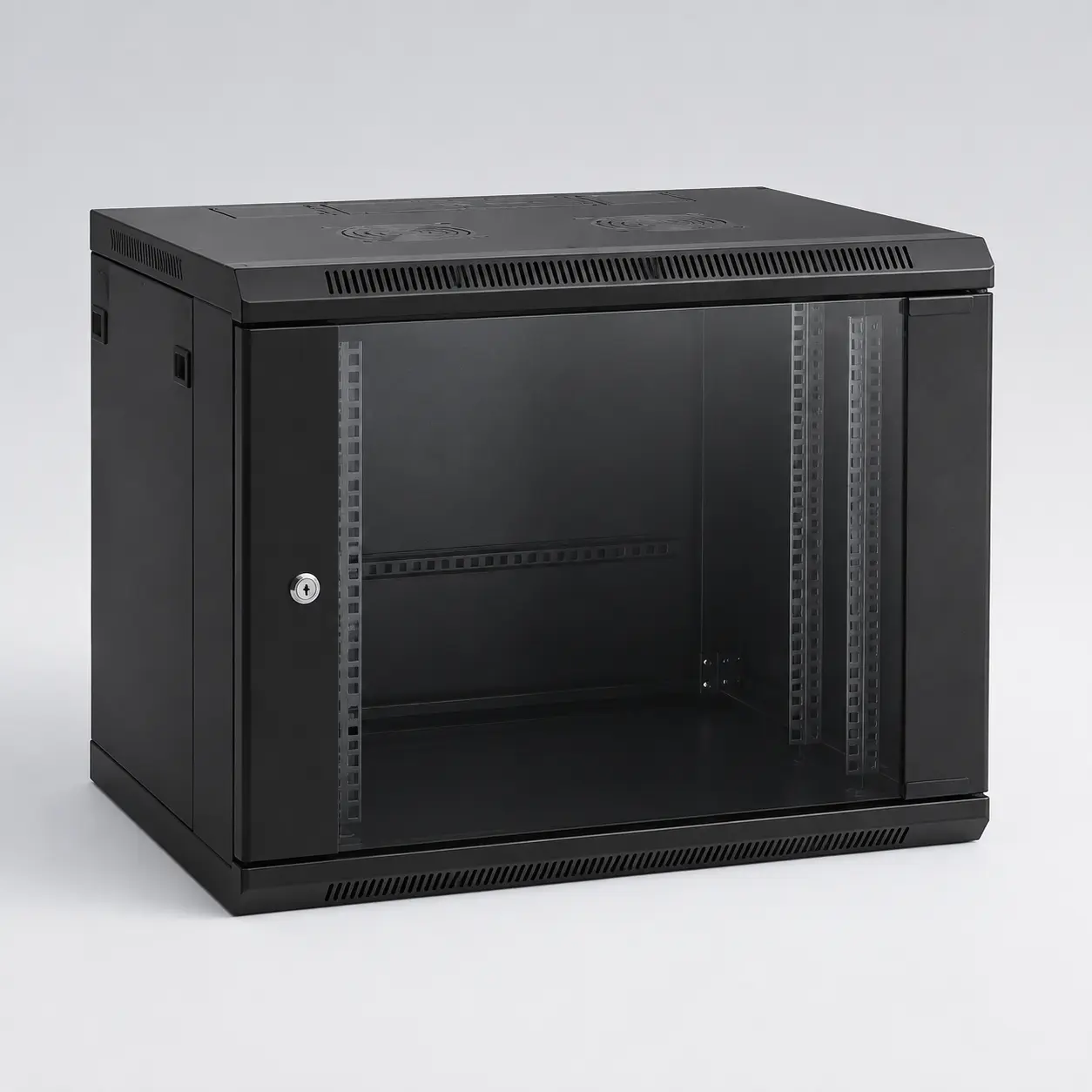 Brand-neutral 12U wall-mount network rack cabinet on a studio background
