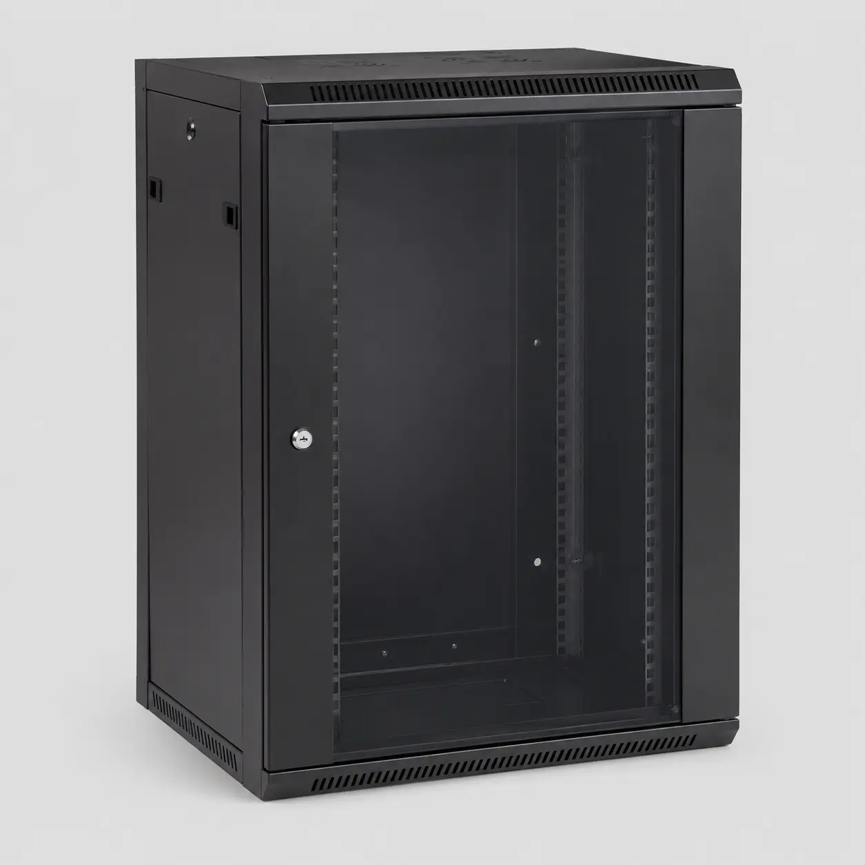 Brand-neutral 15U wall-mount network rack cabinet on a studio background
