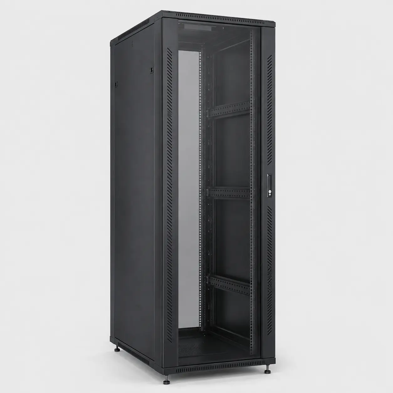 Brand-neutral full-height 42U floor-standing server rack cabinet on a studio background