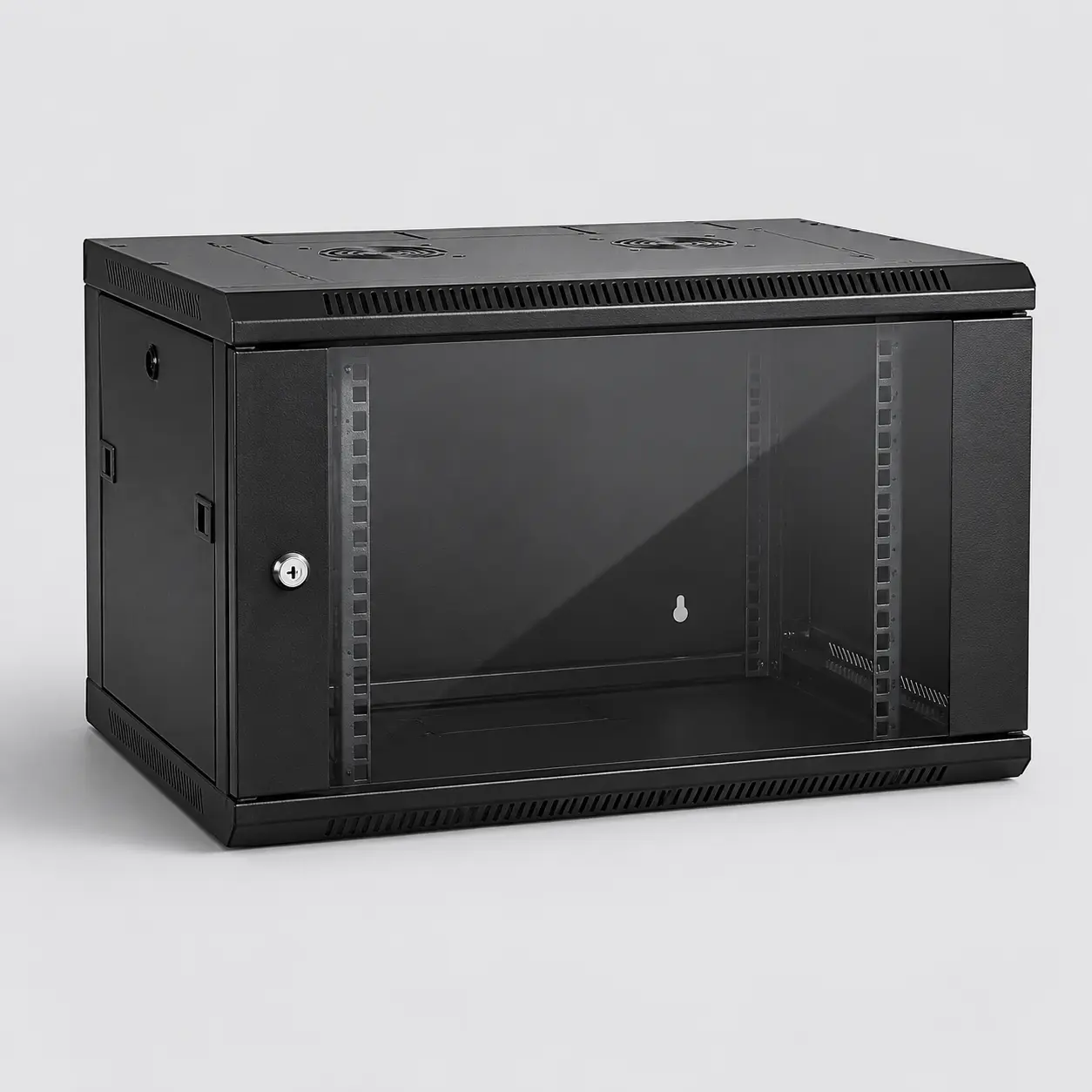 Brand-neutral 6U wall-mount network rack cabinet on a studio background