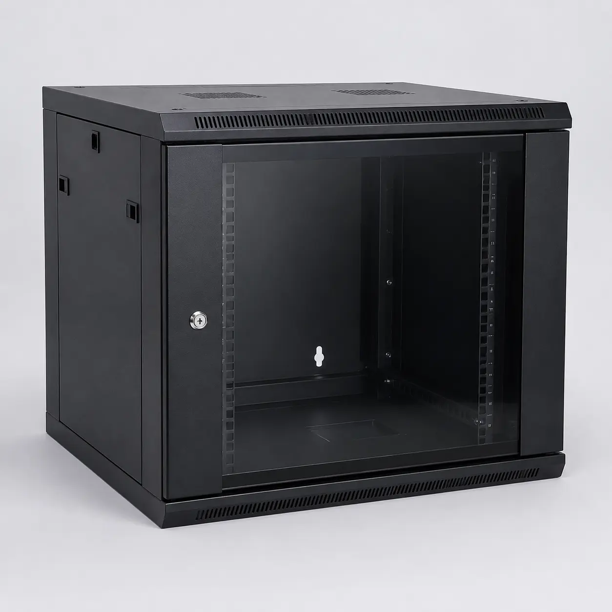 Brand-neutral 9U wall-mount network rack cabinet on a studio background